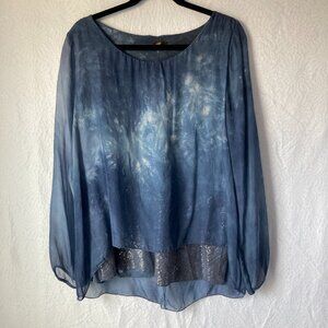 AMANTI Made in Italy Blue Tie Dye Sequin Silk Tunic Top Sequins Boho Chic Size M